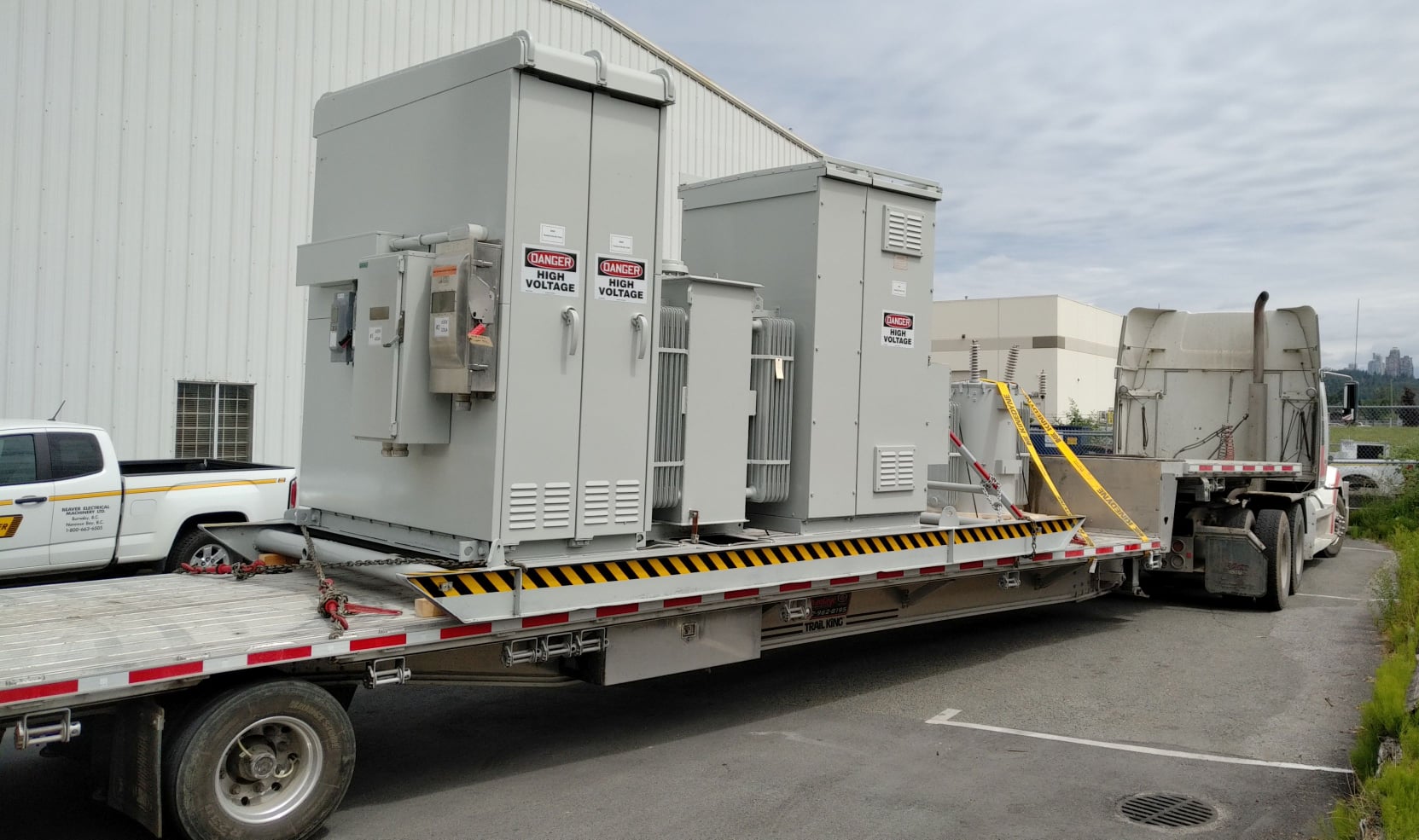Skid mounted substation loaded on a truck