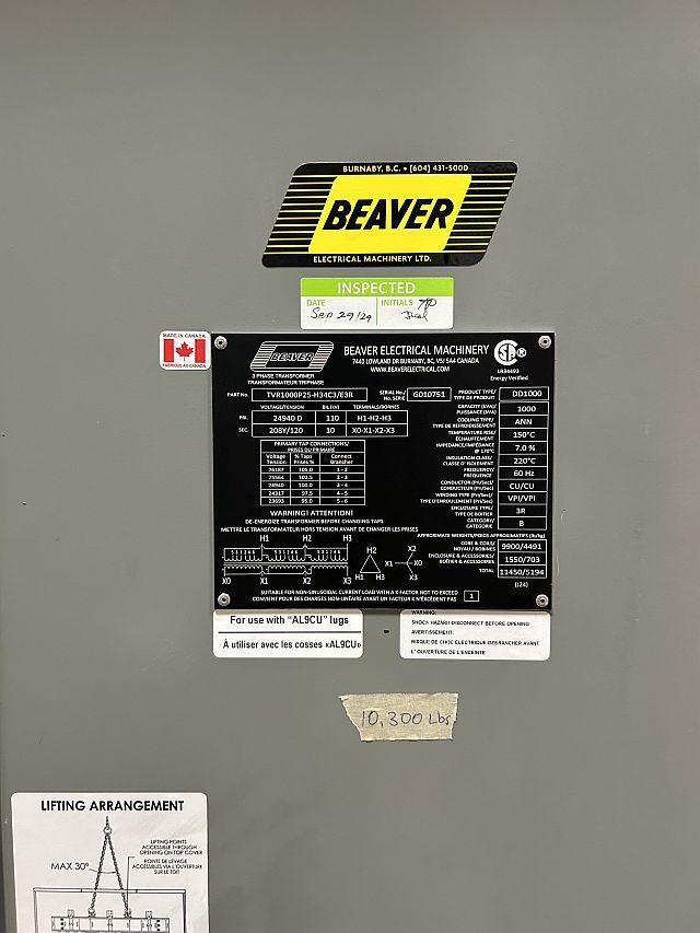 Close-up of the main transformer's nameplate and technical data.