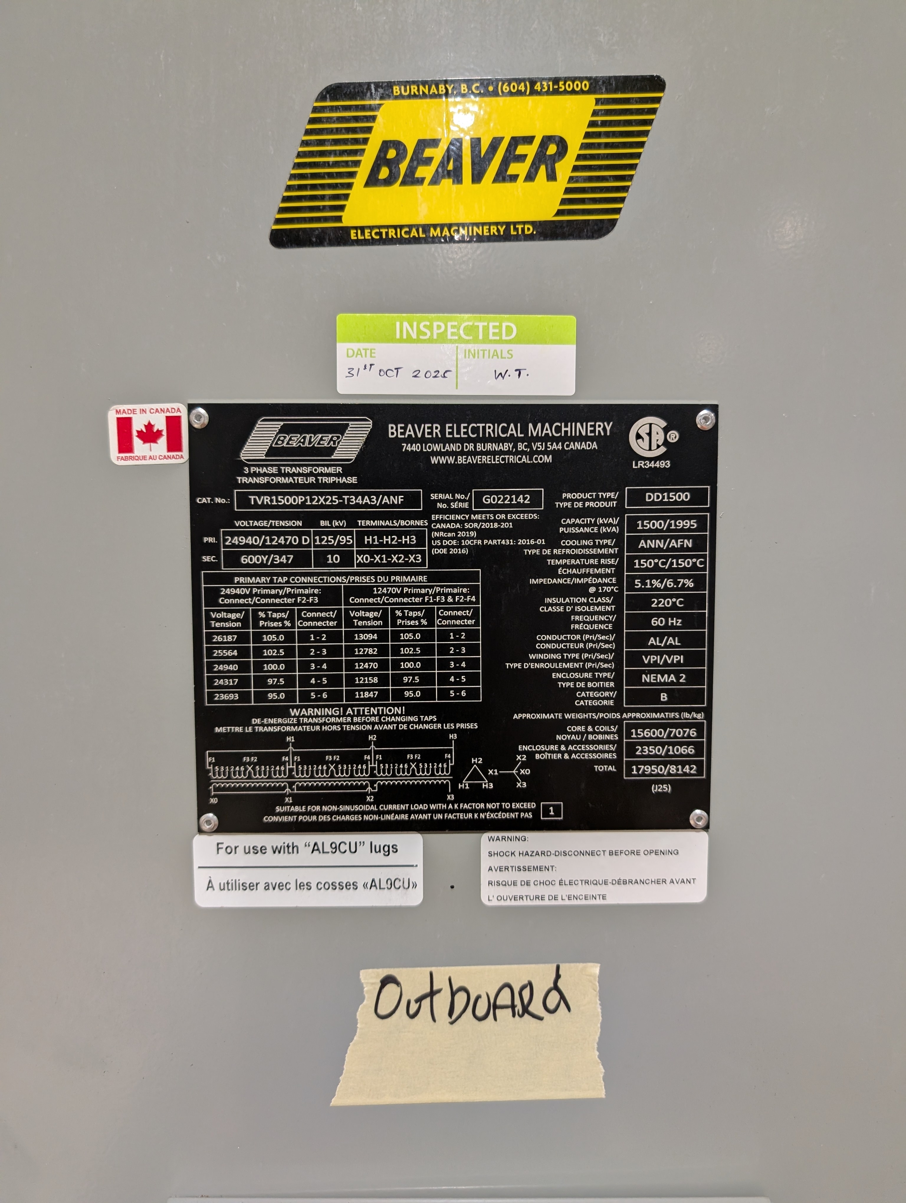 Transformer nameplate specifications