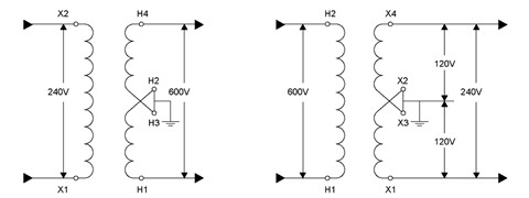 Wiring and connection details of a 240-300/600 transformer and a 600-120/240 transformer.